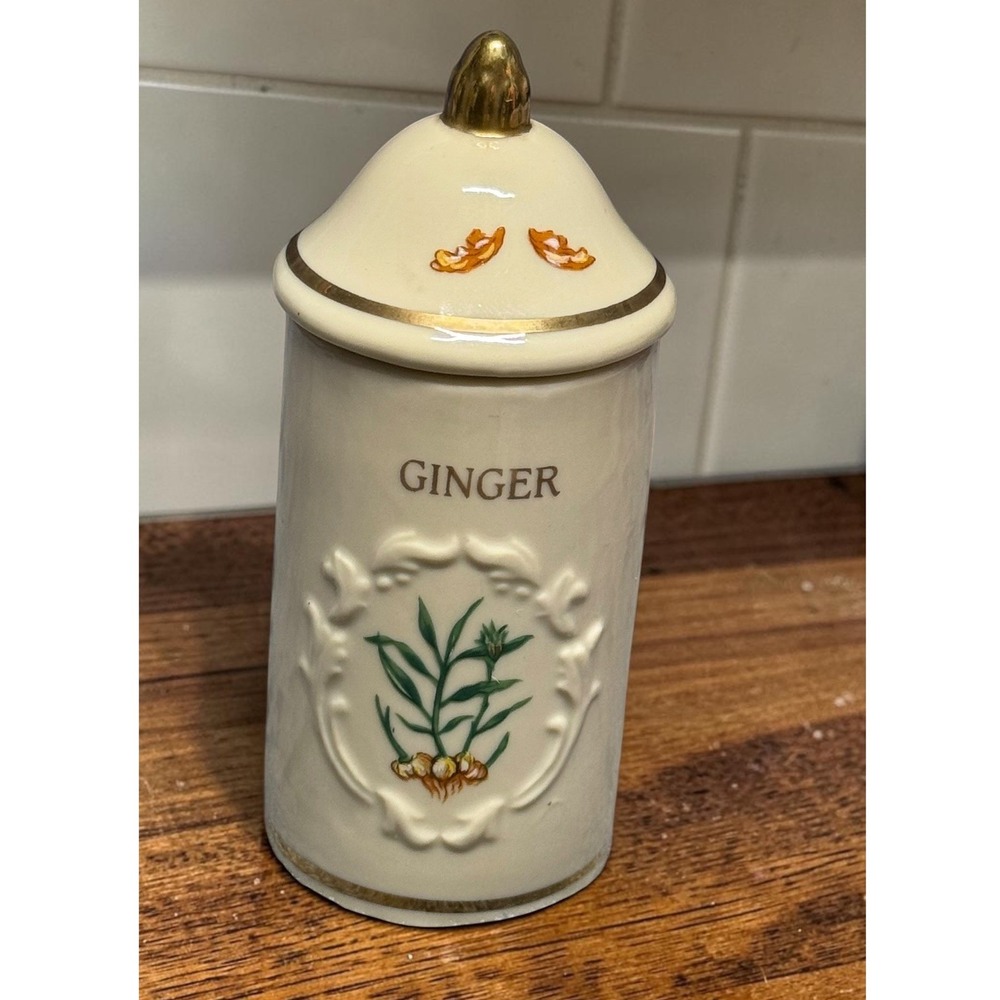 Lenox Spice Garden GINGER Jar Fine Porcelain 1992 Gold Trim Botanical Cream 4in
